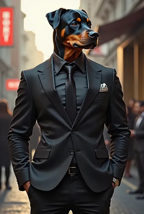 "Create a realistic image of a male character with an athletic body and wearing high-fashion attire, such as a well-tailored suit and stylish shirt. The character should have the head of a realistic Rottweiler, with shiny fur and a strong, confident. He sh...