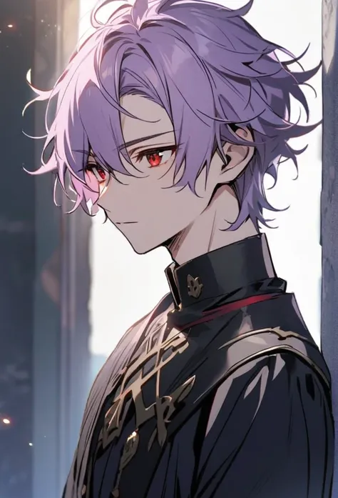 1 boy, light purple hair, red eyes, black uniform, handsome, calm face, messy hair,Swept Bangs, calm, short hair