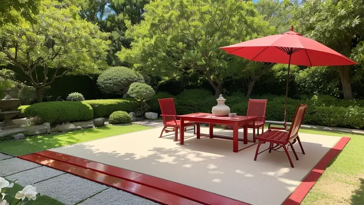 Please make an illustration. A tea ceremony concert in a garden in the spring sunshine. There is a big red rug, a red umbrella for shade, a red bench, Japanese sweets and tea. The instruments are a long and big "koto", a "wadai drum" and a "kokyu", and the...