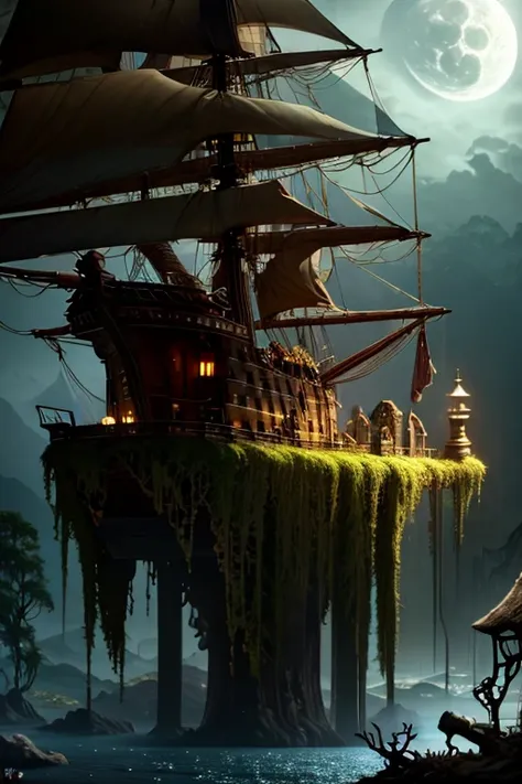 ship, high-fantasy, magical effects, hyper realistic, hyper detailed, mysterious air, ancient and abandoned, grown-over, luminescent moss, dark atmosphere, glowing lights spread evenly, very aesthetic, beautiful underwater scenery in the background,full mo...