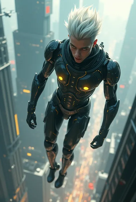 a white haired man,yellow eyes,modern Android armor ,flying over a futuristic city