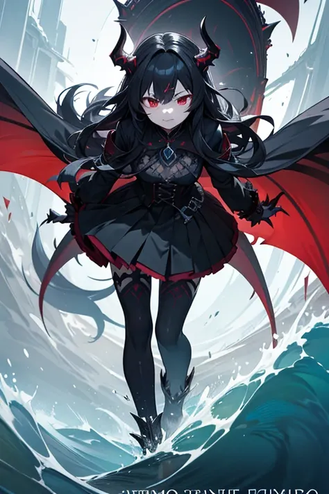 masterpiece, best quality, On the forehead is a narwhal horn,extremely detailed, anime, girl, skirt,fantasy world, ominous black hair, red eyes of good and bad luck, dark attribute, sharp claws and fangs, tsunami-like personality urging destruction, angry,...