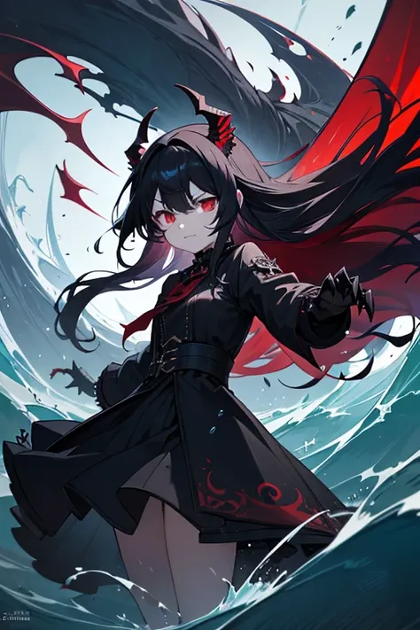 masterpiece, best quality, On the forehead is a narwhal horn,extremely detailed, anime, girl, skirt,fantasy world, ominous black hair, red eyes of good and bad luck, dark attribute, sharp claws and fangs, tsunami-like personality urging destruction, angry,...