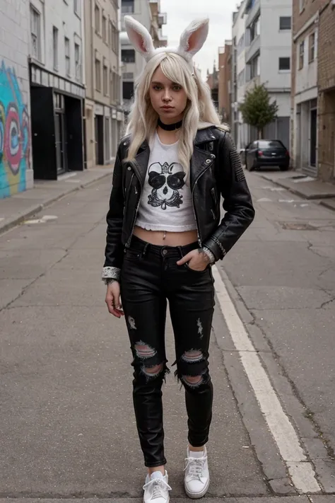 An angora rabbit in a black leather jacket and jeans. torn, with white sneakers. The scene is a modern street with graffiti, and young people admiring the rabbit&#39;s bold style.