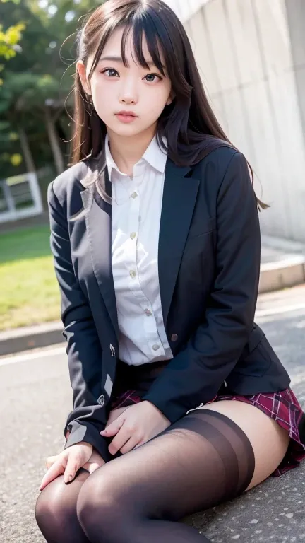 ulzzang - 6500 - v1.1, (raw photos:1.2), (photorealistic), (genuine: 1.4), a woman wearing a skirt and jacket is sitting on the ...