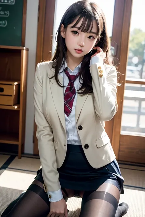 Ulzzang - 6500 - V1.1, (RAW Photos:1.2), (Photorealistic), (Genuine: 1.4), A woman wearing a skirt and jacket is sitting on the floor, hyper現実的なHigh school girl, a hyper現実的なHigh school girl, かわいいHigh school girl, 現実的なHigh school girl, wear Japanese School ...