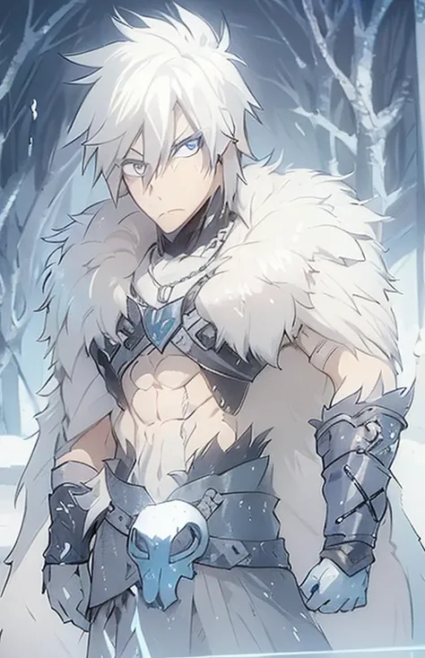 A man, white hair, blue eyes, serious look, scars, defined body, arms showing, Nordic clothes, fur cape, leather gloves, white skull, in a dry snowy forest
