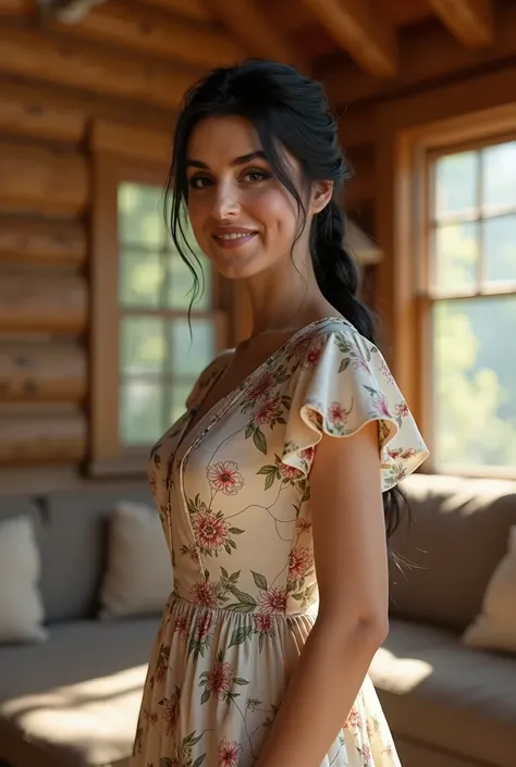 masterpiece, best quality, (photorealistic:1.4), full body, (floral midi midi church dress with short sleeves with round neck:1.1), living room in wooden cabin, in the morning, cinematic light, beautiful woman, skinny, large breasts, black hair tied in a b...