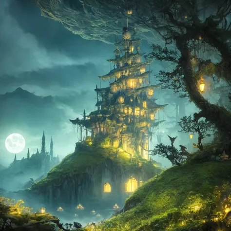 ship, high-fantasy, magical effects, hyper realistic, hyper detailed, mysterious air, ancient and abandoned, grown-over, luminescent moss, dark atmosphere, glowing lights spread evenly, very aesthetic, beautiful underwater scenery in the background,full mo...