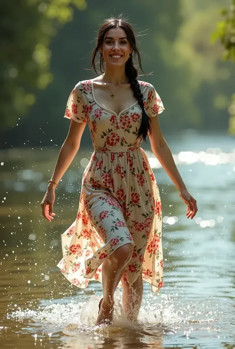 masterpiece, best quality, (photorealistic:1.4), full body, (floral midi midi church dress with short sleeves with round neck:1.1), brown sandals, summing and jumping in the river, she is wet, summer day, cinematic light, beautiful woman, skinny, large bre...