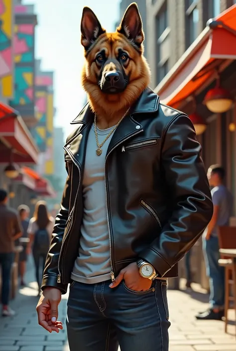 "Create a realistic image of a male character with a well-defined, athletic body, wearing high-fashion clothing, such as a stylish leather jacket over a basic t-shirt and fitted jeans. The character should have the head of a realistic German Shepherd, with...