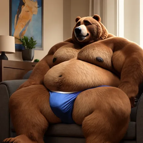 Chubby, bara, furry fat, fat chest with a big moobs, anthropomorphic bear old daddy, wearing only thin underwear, watching football in the living room while sitting on the sofa. Make sure the resulting image is high resolution, 8K quality