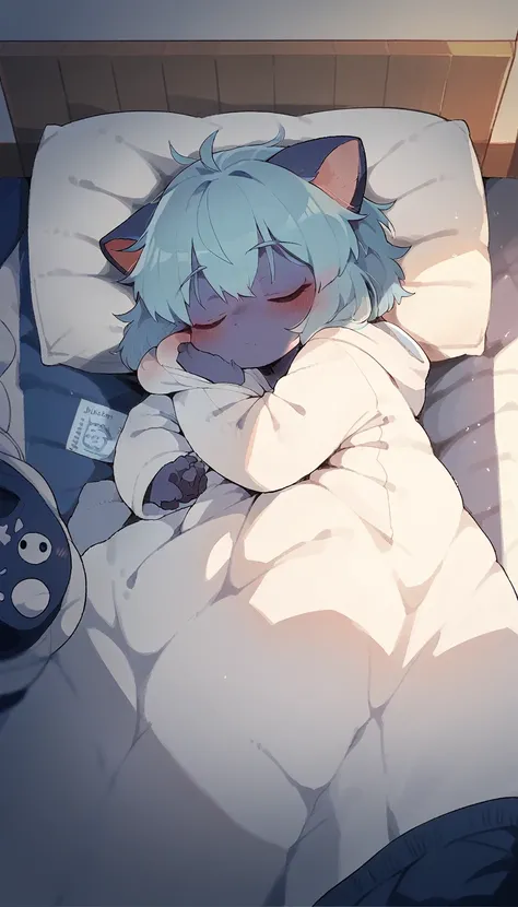 little fluffy girl, bed, sleep, night time, wearing only a white hoodie