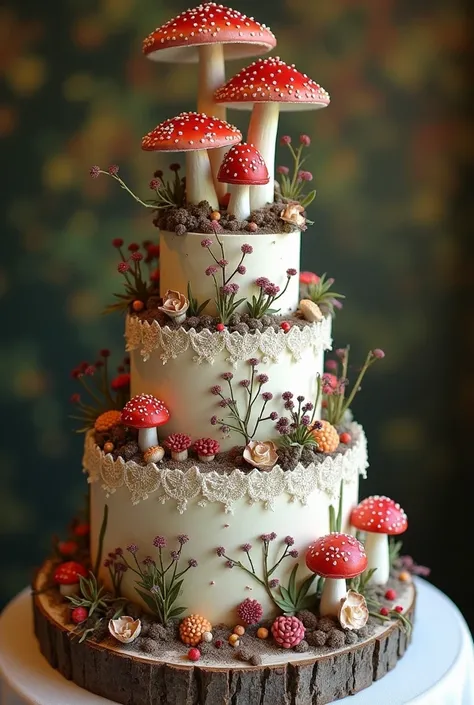 { "type": "cake design", "description": "An elegant, multi-tiered cake with intricate lace detailing, featuring a whimsical display of red and white Amanita mushrooms. The cake has a natural, rustic feel, with edible dried flowers, leaves, and delicate lac...