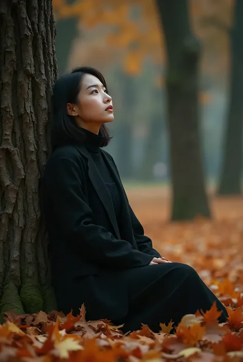 Autumn sad song MV promotional poster cover，Fallen Leaves，A person leans against a tree and looks up at the camera，Desolate atmosphere，Autumn filter，Ultra HD，Elegant