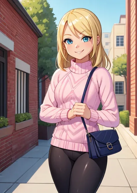 1girl, solo, blonde hair, blue eyes, a woman in her early 20s, she’s a freshman sorority girl, her appearance reflects her whimsical and bubbly personality. (Carrying a handbag:1.3). (Wearing: Pink fuzzy sweater, Lululemon branded black leggings). Thrilled...