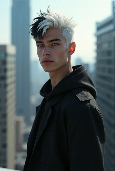 Young man with half white half black hair and silver eyes on top of a building 