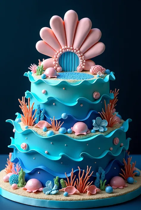 { "type": "cake design", "description": "A magical underwater kingdom cake, featuring layers representing the deep ocean. The cake is adorned with shimmering fondant waves, edible coral reefs, and tiny sugar sea creatures like jellyfish, dolphins, and glow...