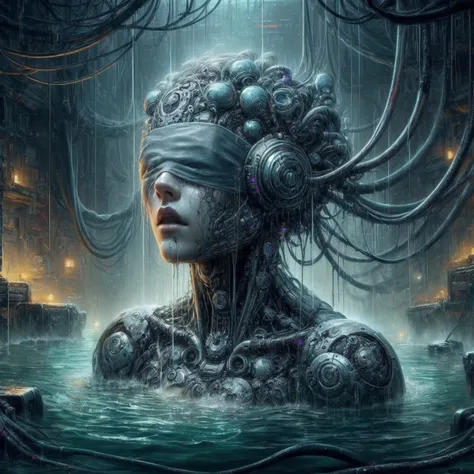 a digital painting of a woman with cables in her head in the water, intricate transhuman, deep sea cyberpunk, advanced digital cyberpunk art, cyberpunk medusa, cyberpunk transhumanist, cyborg - girl, zen méditation cyberpunk, cyberpunk dark fantasy art, cy...