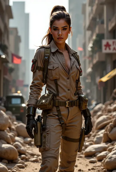 hailstnewv3 as a american soldier standing in a warzone, combat ready, fierce, ponytail hair