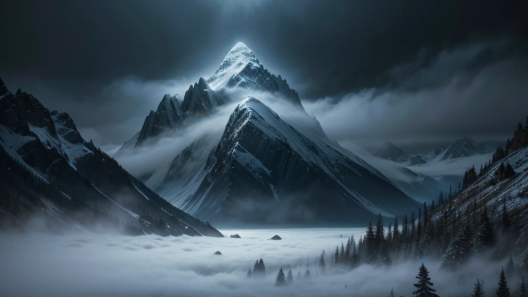 Create a scene of an eerie mountain top where Moses’s figure begins to fade into mist. The atmosphere is heavy, with dark clouds and a mysterious force present. No body remains, only the weight of a divine secret. Aspect ratio 16:9, cinematic suspense.