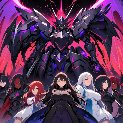 Anime, high detailed, multiple womans, mature womans, dark Ebony mecha armor, white dress ((( teared under the armor))),  large mechanical wings, evil grin, large clawed Gauntlet, red skin, curvy body, long mechanical tail,black sclera、Colored sclera、crims...