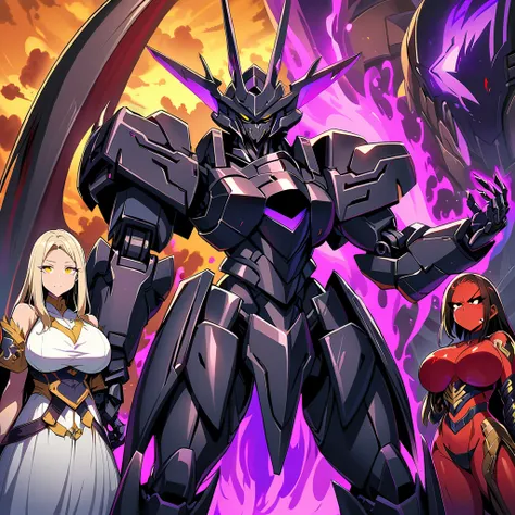 anime, high detailed, multiple womans, mature womans, dark ebony mecha armor, white dress ((( teared under the armor))),  large ...