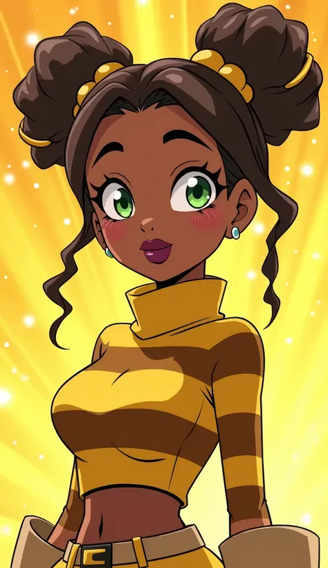 (Close up), (Close up from top of head to bottom of thigh) ((Karen from DC Super Hero Girls 2019)), Karen is a short, skinny, light brown-skinned teenage black girl with sage-green eyes, maroon-brown lips and long, curly, dark brown hair with honey-blonde ...