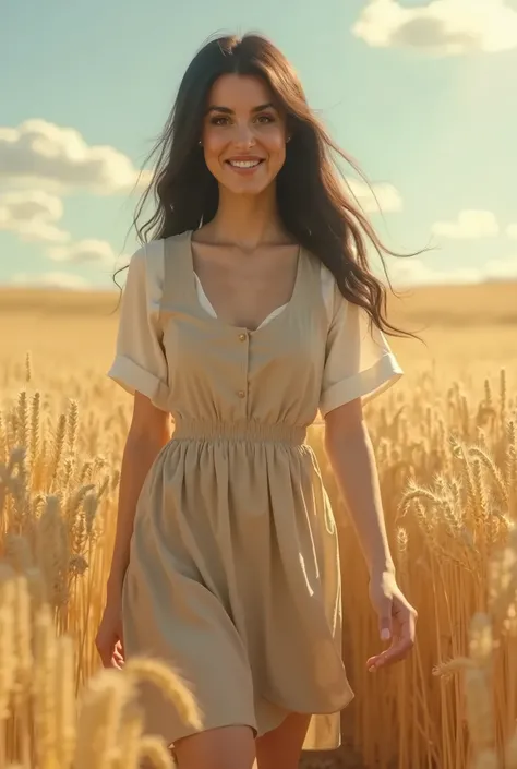 masterpiece, best quality, (photorealistic:1.4), full body, ( Cottage Dress Linen Pinafore Dress Elastic Waist Dress with white blouse:1.2), she walks among the fields of grain, sunny day, cinematic light, beautiful woman, skinny, large big breasts, black ...