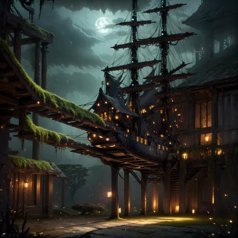 ship, high-fantasy, magical effects, hyper realistic, hyper detailed, mysterious air, ancient and abandoned, grown-over, luminescent moss, dark atmosphere, glowing lights spread evenly, very aesthetic, beautiful underwater scenery in the background,full mo...