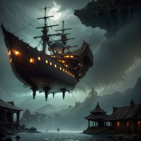 ship, high-fantasy, magical effects, hyper realistic, hyper detailed, mysterious air, ancient and abandoned, grown-over, luminescent moss, dark atmosphere, glowing lights spread evenly, very aesthetic, beautiful underwater scenery in the background,full mo...