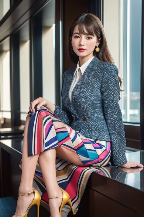 ((Full Body Portrait))、Geometric print blazer jacket、Colorful、Silk blouse、(Geometric midi skirt:1.3)、(Silk Pantyhose)、High heels、1 girl、Super delicate face、Ultra-detailed eyes and face、double eyelid、Glossy Red Lips、(Two well-balanced legs)、(Perfect body、Pe...