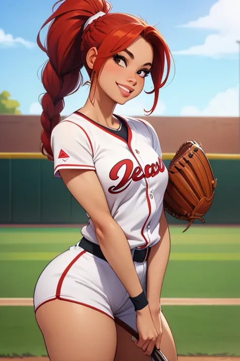 ((best quality)), ((masterpiece)), (detailed), solo, 1 girl, perfect, beautiful woman, baseball uniform, hair in ponytail, red hair, braid, sexy smile, (full lips), (short), skinny, small breasts, toned body, playing baseball, bat, ball, bottom view, baseb...