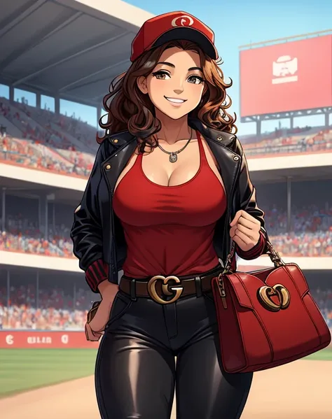 1girl, solo, wavy hair, hazel eyes, a woman in her mid 40s, she’s a Latino woman, mascara is applied to her face. (Carrying a handbag:1.3). (Wearing: Red cap, Opened jacket, tank-top, Gucci branded belt and black leather pants). There is an amused smile on...