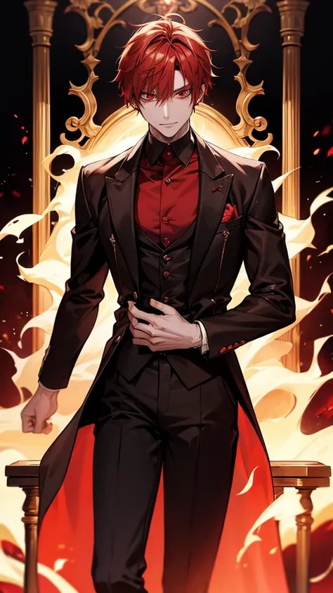 Attractive red haired man with glowing red eyes, male adult. He is a demon standing in front of a hell throne with fire around him. high resolution, short hair, looking at the viewer, red eyes, feet out of frame, foreground, HD model, 