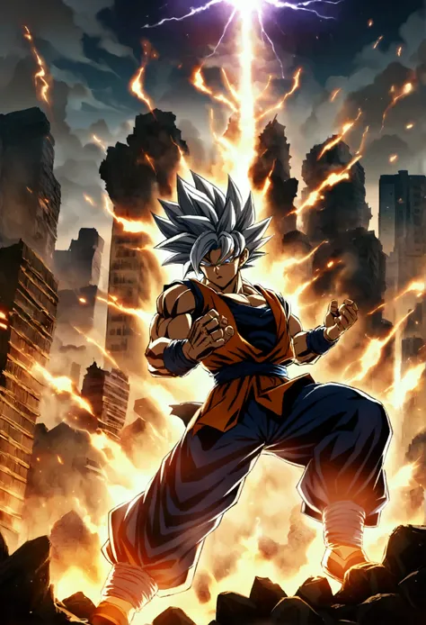 Create a dramatic scene depicting Goku in his Ultra Instinct form, surrounded by an aura of shimmering energy, facing off against Broly in his SSJ4 form. The background features a devastated cityscape, with crumbling skyscrapers and smoke rising from the r...