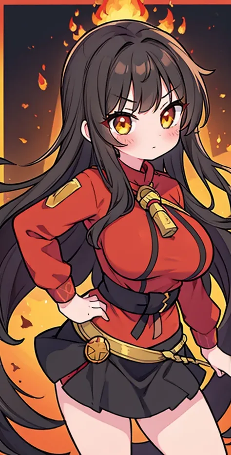 1girl, cute young girl, solo, blush, (Charcoal Brunette hair), ((slightly messy hair)), (very long hair), Beautiful Amber eyes, ((large Breasts)), a (Red shirt with a flame pattern at the edges), Black hood, Black Skirt, Putting one hand on her hip, and ha...