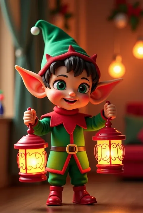 Create a Christmas elf image with lanterns. Red and green colors. 60s style