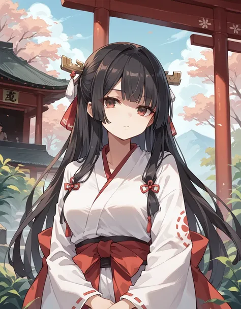 masterpiece, best quality, extremely detailed,anime, Woman, black hair, expressionless, long hair, yamato nadeshiko, miko outfit, shrine maiden