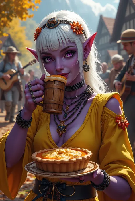 (Ultra-detailed face, Looking away, Fantasy Illustration with Gothic, Dark tone colors, Perspective looking down from above), BREAK 
(A female dark elf adventurer is sipping deliciously from a wooden mug of beer while scarfing down a carved pumpkin pie at ...