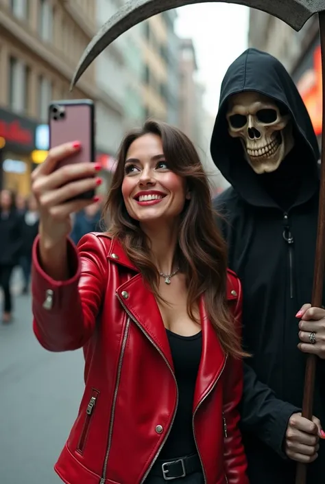 masterpiece, 8K, UHD, best quality, photo-realistic, digital photo,drop dead gorgeous girl wearing only a red leather jacket taking selfie, city street, laughs, happy, black reaper, death, scythe, stands behind, joyfully waves, humor, funny, parody, realis...