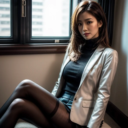 Group of sexy asian secretaries at office near window. Small jacket. mini skirt and nylon pantyhose. Over the knee leather boots.Piel texturizada, Muy detallado, Anatómicamente correcto.