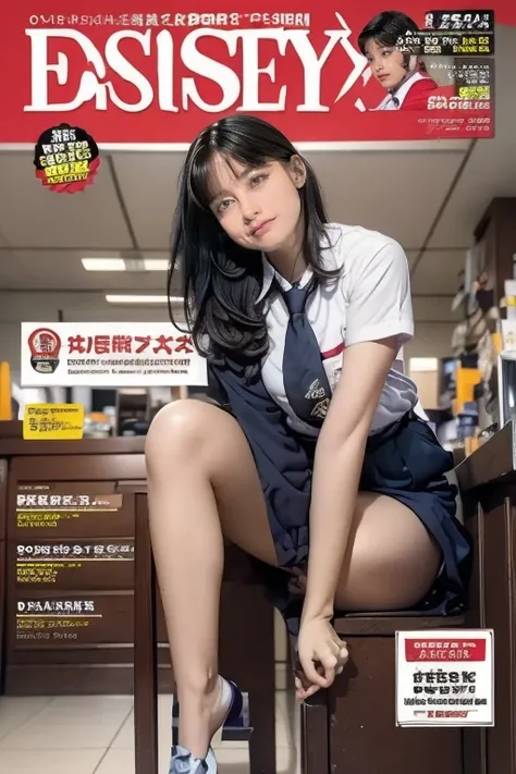 (((magazines cover))), (large title), (many heading), (white border), clerk uniform, name plate, hold ID card from neck, having tablet, (whole body), straddling to hit her crotch on counter edge, open legs, raise leg, open mouth, closed eyes, masturbation,...