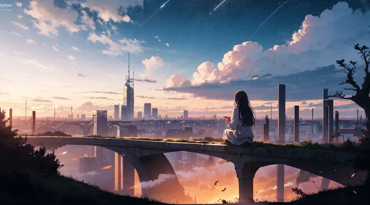 octans, Sky, stars(Sky), landscapes, starrysky, natta, Woman in white, nigh sky, solo, plein air, built, cloud, milkyway, Sitting backwards, The tree, length hair, City, silhuette, Cityscape