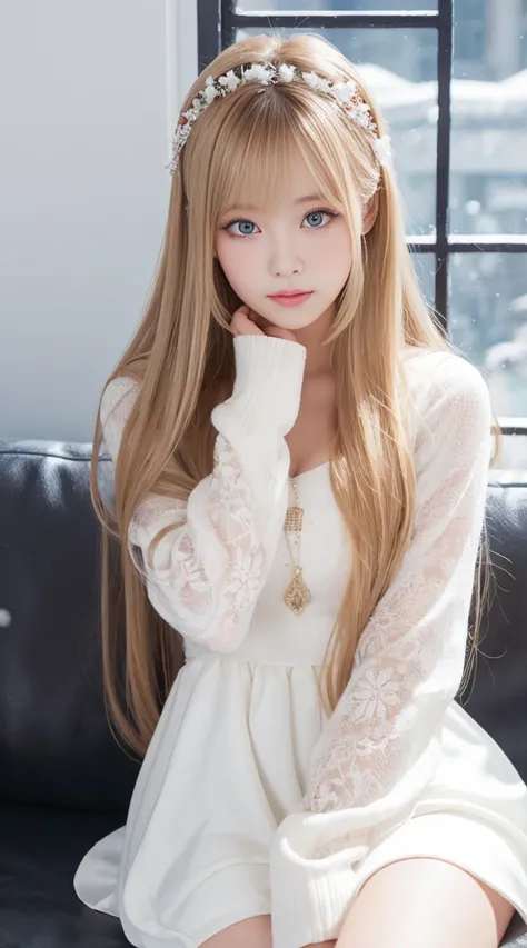 [雪でできたwhiteい光の半透明の幻影], Dark and muted colors, white, Snowy World, Snow covered branches, Cold winter feel, Unparalleled beauty, Firm and radiant skin, Bangs between the eyes, Beautiful shiny straight pale blonde, Perfect body, Super long straight silk blon...