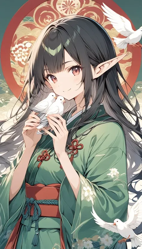 dA Japanese elf girl in uniform holds two white pigeons with dark green and red patterns. She has pointed ears, a mysterious smile, long black hair and bangs covering half of her face. Traditional Japanese elements such as patterns and motifs are depicted ...