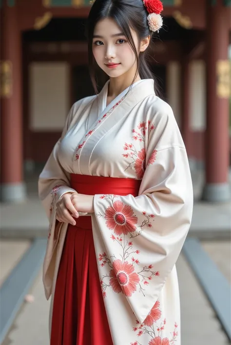 a beautiful japanese woman wearing a red and white patterned hanfu, standing in front of a palace wall with her hands folded at ...