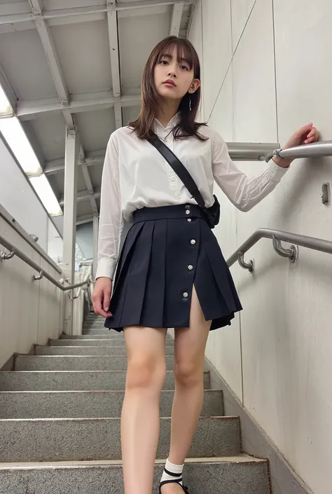 ((Low angle shooting、Masterpiece、masterpiece、32K、Every detail))、On the way down the stairs at the station、commute、(((Very tight summer clothes)))、(((A strong wind ruffles her hair and skirt:1.88)))、((Wear the shoulder bag strap across your body:1.95))、One ...