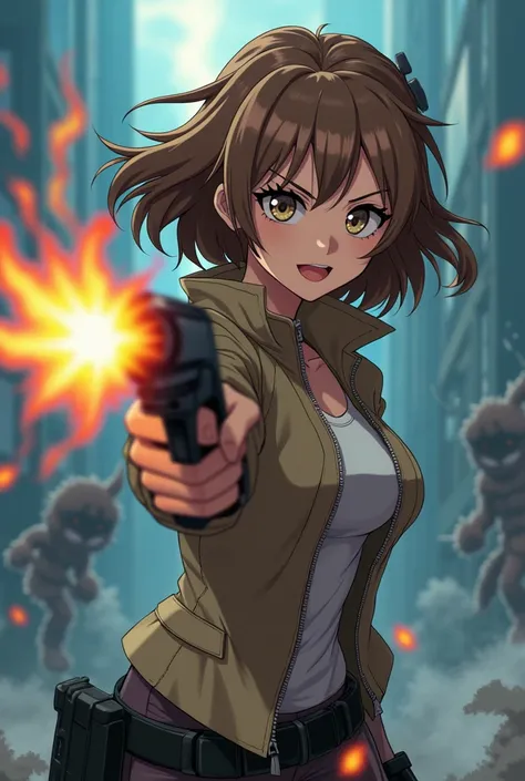 From Ghostbusters light brown hair Callie Spengle With Gun Fighting In Infinity Anime Ghostbusters Style Cool Evil In Infinity Anime Style light brown jacket Black zipper 