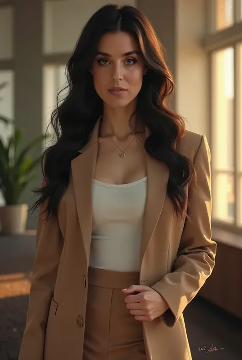 masterpiece, best quality, (photorealistic:1.4), (wearing light brown suit blazer, white round-neck top, light brown pencil skirt1.1), office,  soft lighting, chiaroscuro lighting, dramatic lighting,  beautiful woman, skinny, big large breasts, wave black ...